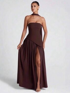 Strapless Brown Dress with Side Slit & Neck Scarf NWOT